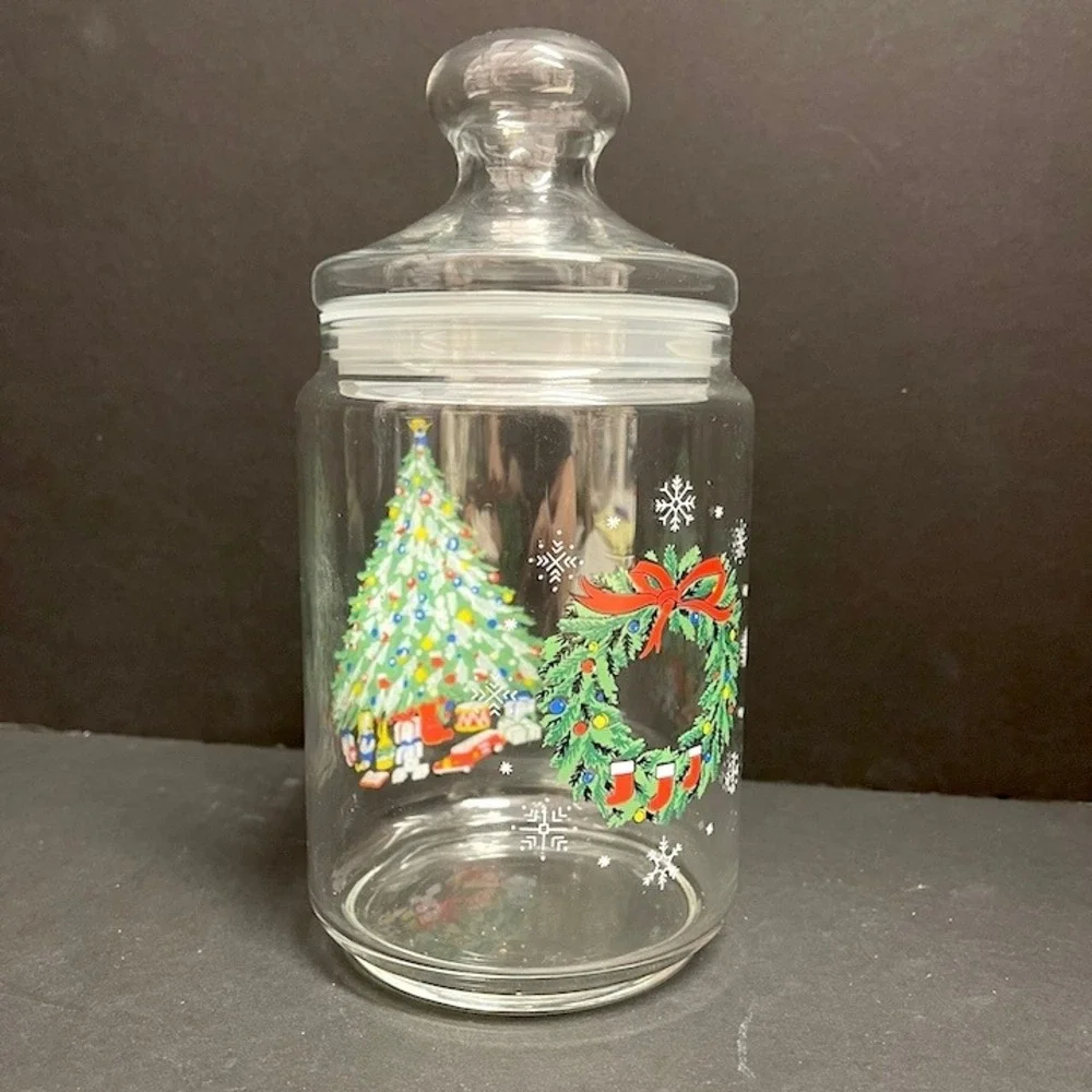 Vintage Christmas Tree and Wreath Clear Glass Cookie Jar Canister with Lid 8.5